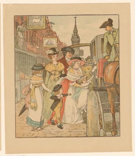 Woman carries a child into a carriage, where another child reaches his arms towards her