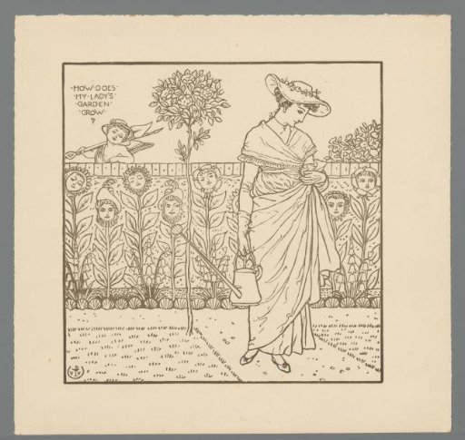 Woman in a garden with plants with children's heads