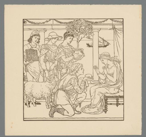 Four men offering a woman a gift