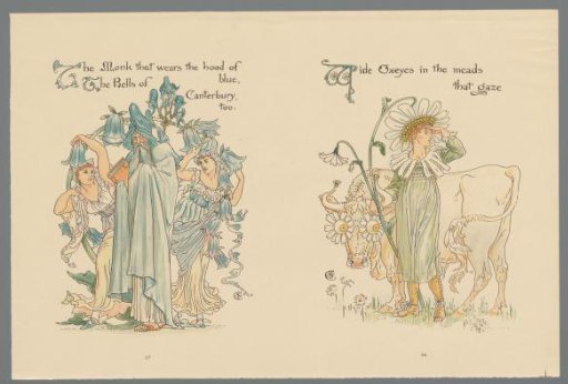 Old man with two figures in flower costume and a figure in flower costume with a cow
