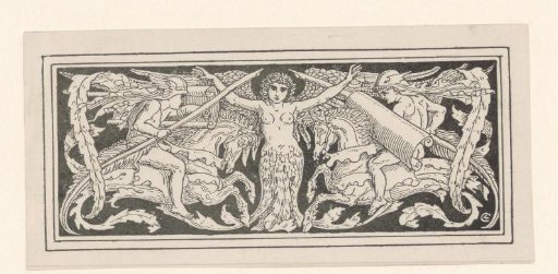 Female figure with wings and two riders