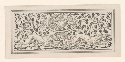 Man with a horn and two hunting dogs