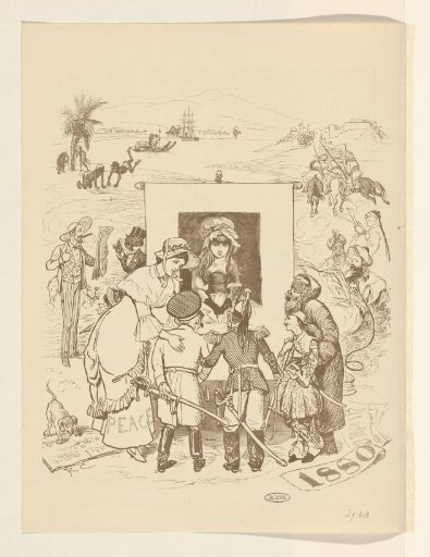 Landscape with figures looking at a portrait of a girl