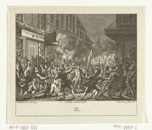 Uprising at the funeral of Daniël Raap in front of his house in Amsterdam in 1754