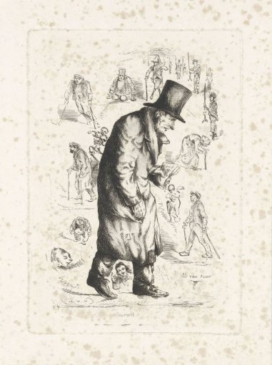 Man with a Top Hat and Sketches of People with Various Physical Disabilities