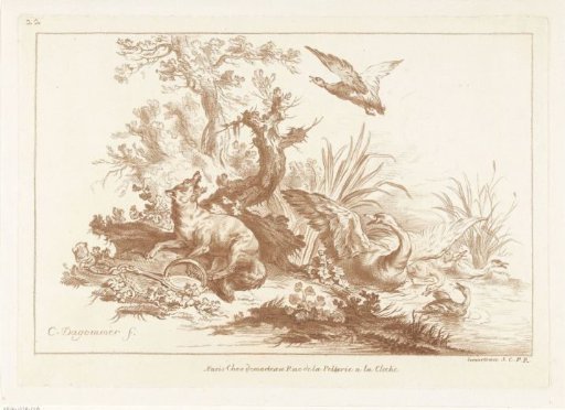 Fox with paw in trap, swan taking flight, and ducks by water