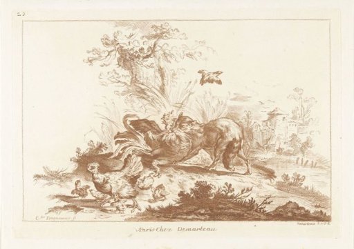 Fox attacking rooster and hen fleeing with chicks