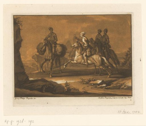 Three cavalrymen stop a traveler