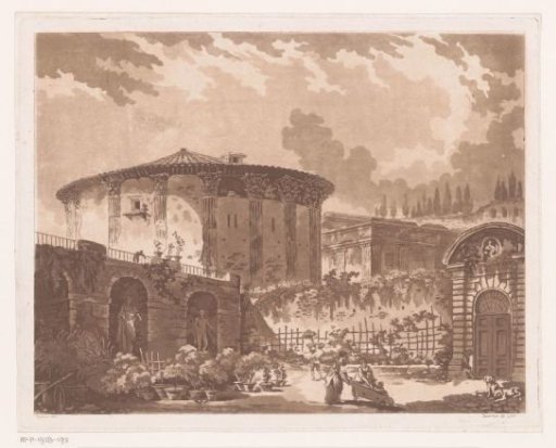 View of various buildings in Rome including a temple