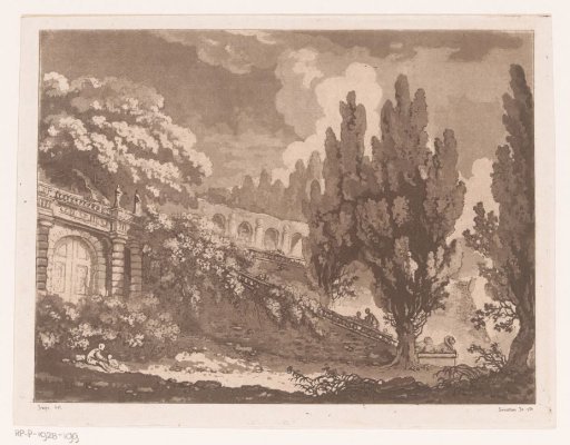 Landscape with a vegetated staircase and two lion statues
