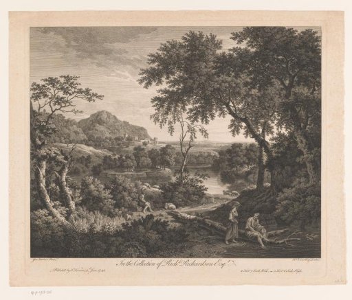 Landscape with a shepherd and two figures by a pool