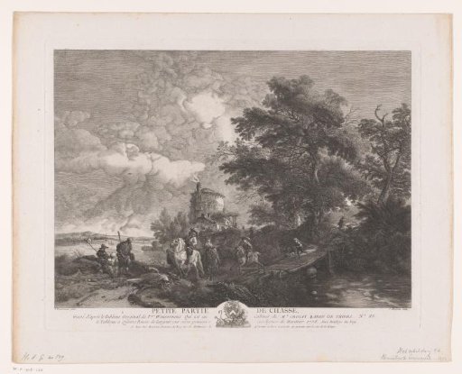 Hunting party in a landscape with a bridge