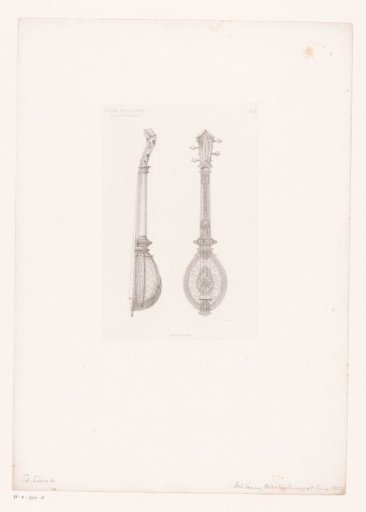 Two views of a stringed instrument, possibly a sitar or bouzouki