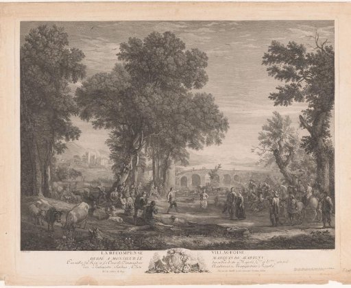 Dancing figures in a landscape with a bridge in the background