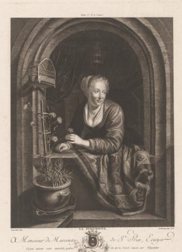 Young woman at a window frame with a flowerpot