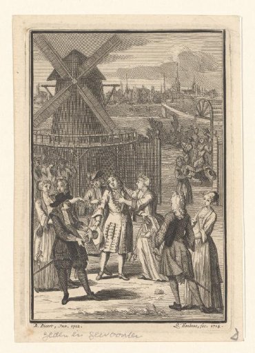 Group of People in Front of a Mill, Possibly a Scene from a Play