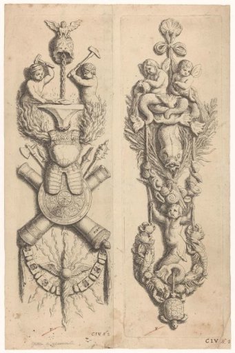 Armorial trophy and trophy with mermaids