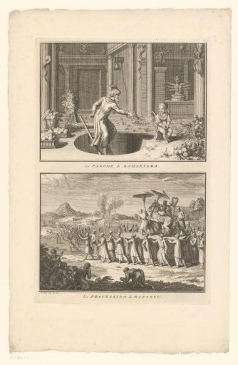 Interior of an Indian temple and a procession before the god Vishnu