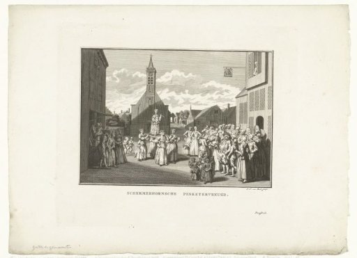 Girl with a flute (Pinksterblom) carried on a bier by four girls during the Whitsun festival in Schermerhorn