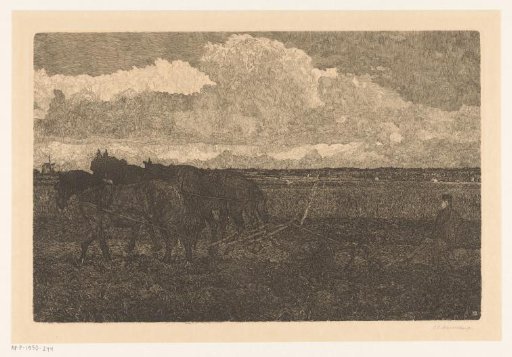 Farmer with three ploughing horses