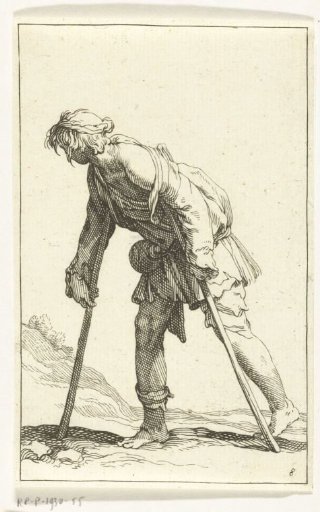 Beggar walking on crutches
