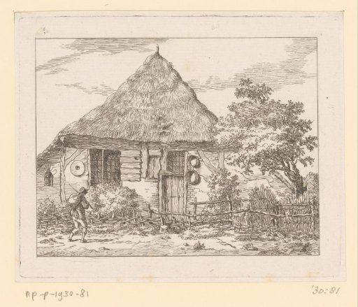 Man with a backpack in front of a house at Staphorst