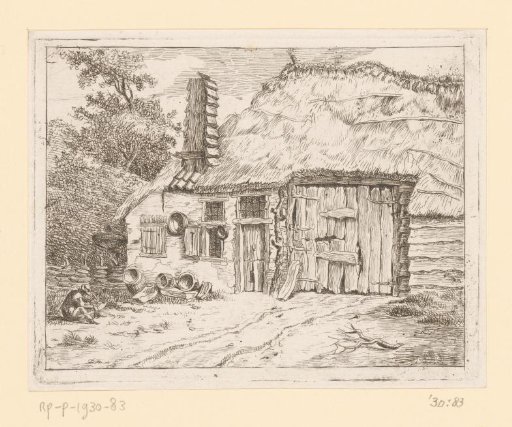 Man with a scythe sitting in front of a farmhouse at Staphorst