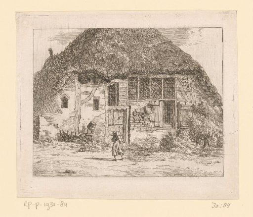 Man with a bundle on his back in front of a dilapidated farmhouse near Staphorst