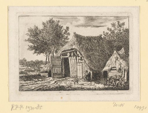 Man smoking a pipe sitting in front of a barn outside Hattem