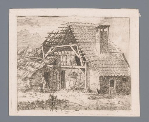 Woman doing laundry in front of a farmhouse