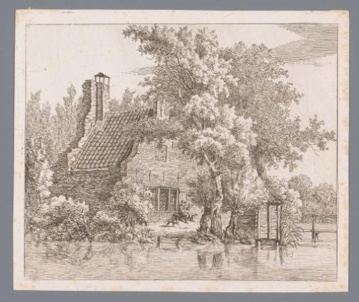 Smoking man on a bench in front of the ruin of Huis Snaatburg at Maarssen