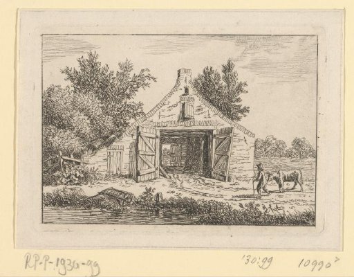 Man with a cow in front of a barn outside Hattem