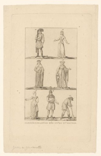 Seven figures in costumes from the fourteenth and fifteenth centuries