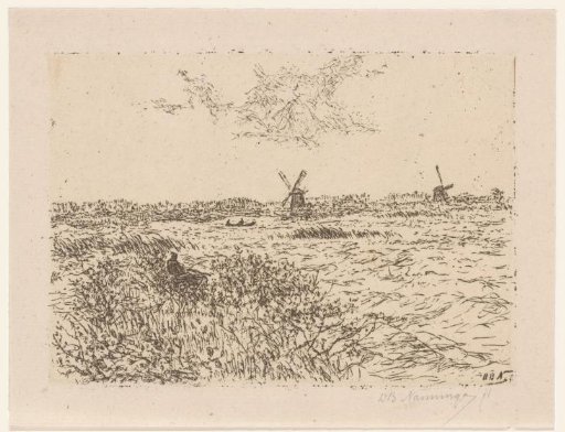 River landscape with two mills and a boat