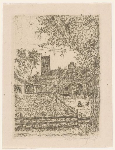Village view with garden and church tower