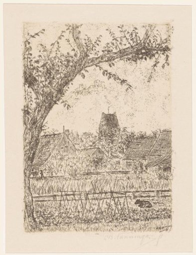 Village view with vegetable garden and church