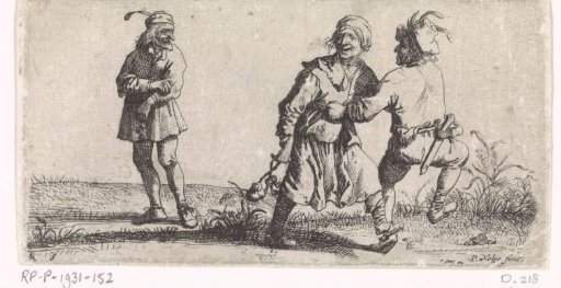 Two dancing peasants and a spectator