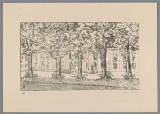 View of the terrace of Palace Huis ten Bosch between a row of trees
