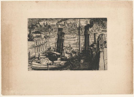 Moored Ships and a Small Boat