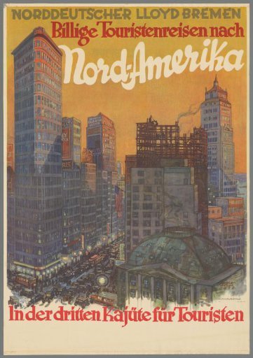 Norddeutscher Lloyd Bremen. Cheap tourist trips to North America. In the third cabin for tourists.