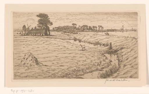 Landscape with meadow, farmhouse and water