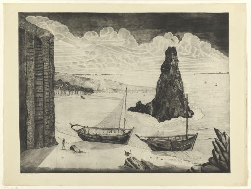 Two moored ships on a beach