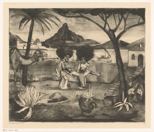Two men carrying a man in a garden