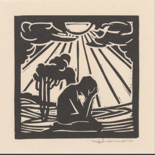 Kneeling figure in a landscape with trees