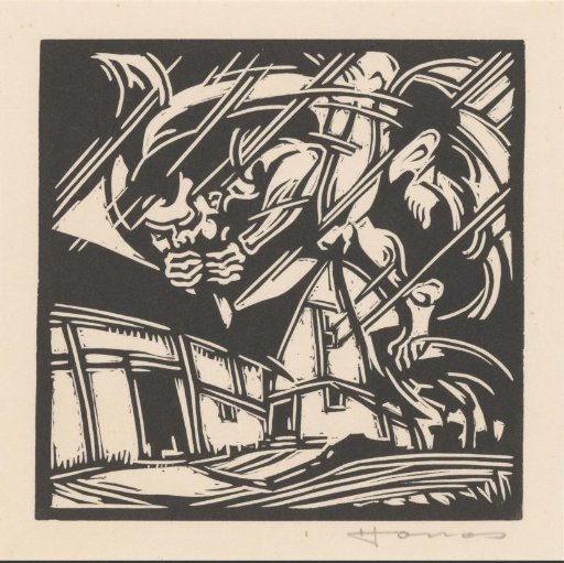 Personification of the wind near a building