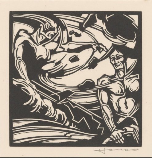 Two nude men near a swirling mass of air