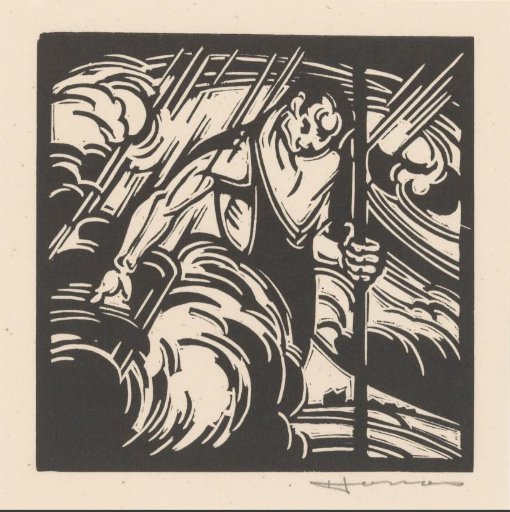 Personification of the thunderstorm above a landscape
