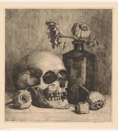 Still life with skull and flower vase