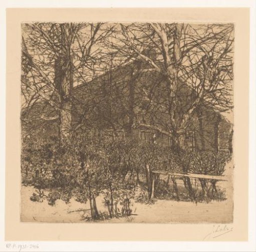 Trees in front of a farmhouse