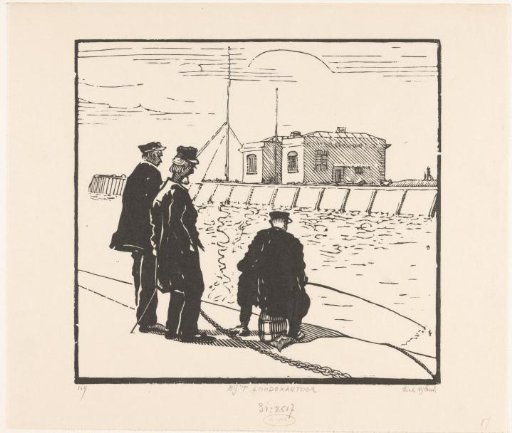 Three men on a quay